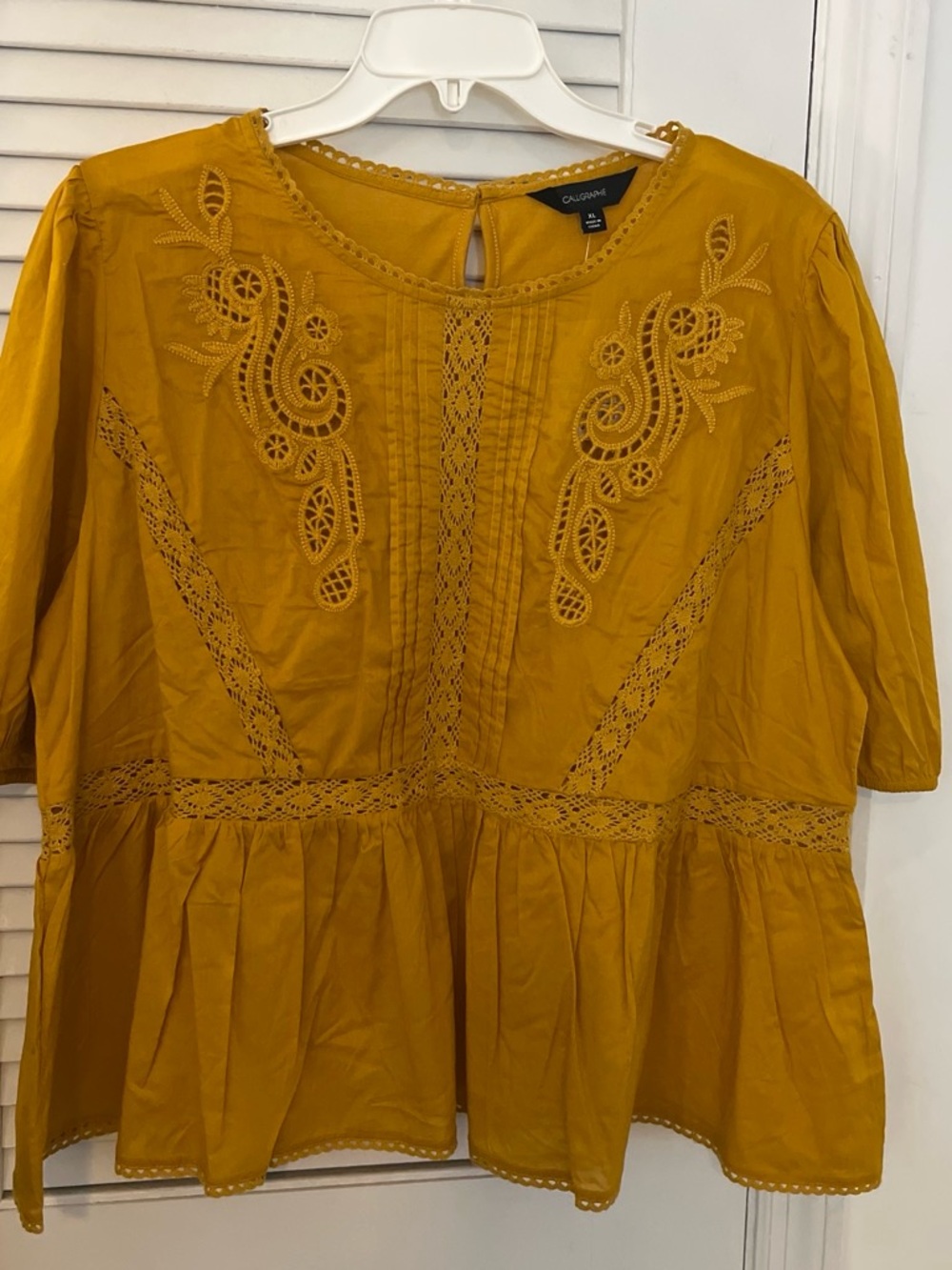 Calvin Klein Mustard Yellow Embroidered Peplum Top